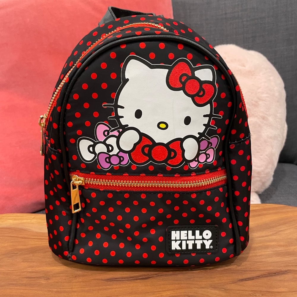 HELLO KITTY Sanrio Mini Backpack with Zipped Front Pocket Black Red Polka Dots